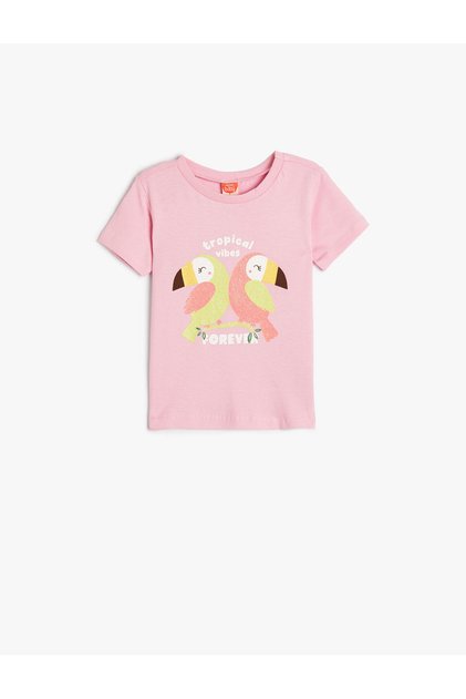 T-Shirt Short Sleeve Crew Neck Bird Printed Cotton
