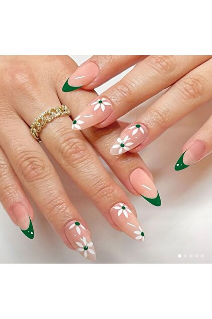 Kadın Jel Nail Art Baskılı Yeşil Çiçek Papatya Design Badem Oval Takma Tırnak