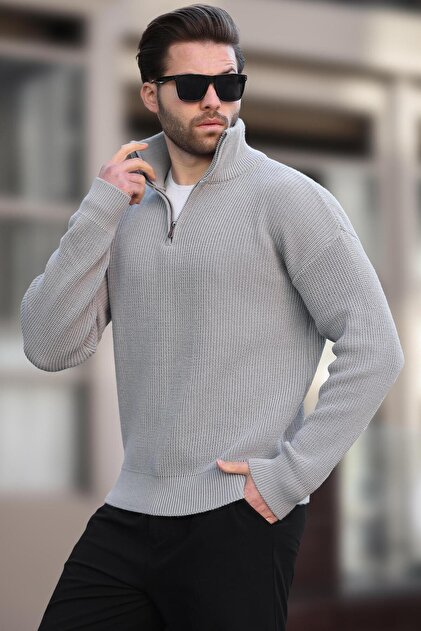 Madmext Gri Fermuar Yaka Triko Erkek Kazak E7295 - Fiyatı, Yorumları