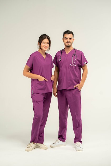 Core Flex Luxury Lycra Unisex Purple Bottom Top Set Doctor Nurse Uniform Scrubs