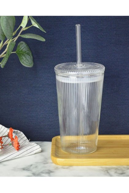 1 Adet Isıya Dayanıklı Pipetli Conta Kapaklı Damlatmaz Sızdırmaz Ful Cam Origami Bardak 750 ML