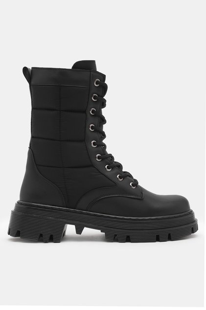 Women's Black Leather Thermo Sole Embroidered Tile Patterned Lace up and Zippered Boots