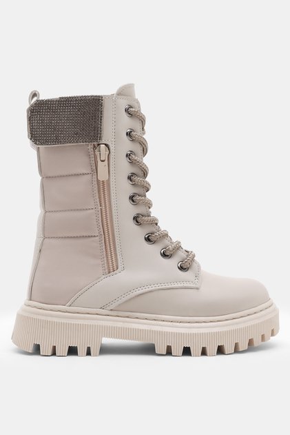 Girl's Beige Leather Thermo Sole Stone Detailed Zippered and Lace-Up Velcro Boots
