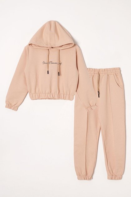 Hooded Long Sleeve Daisy Flowers Leaf Printed Mink Color Girls' Double Set