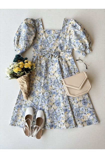 Women's Blue Pastel Patterned Square Neck Flared Poplin Dress