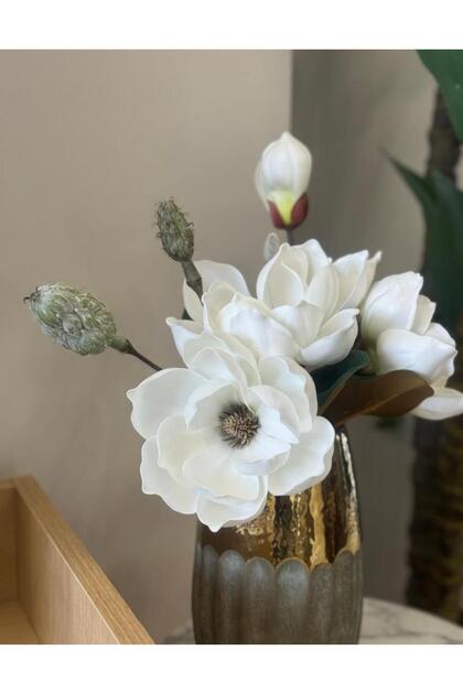 Yapay Çiçek Lüx Manolya Gerçek Dokulu Letex Eva Magnolia Gelin Çiçeği 40cm BEYAZ