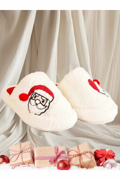 Christmas Fluffy House Slippers with Santa Claus Figure New Year's Special Design House Slippers Non-Slip Sole