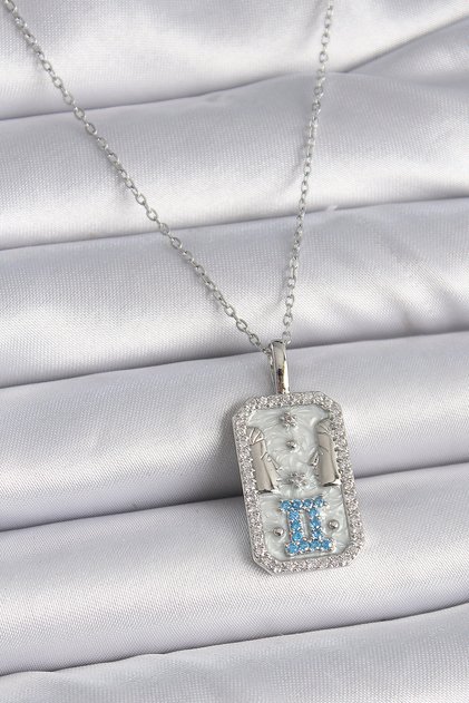 316L Steel Silver Color Chain Gemini Zodiac Sign Zircon Stone Women's Necklace Tj-Bko9446