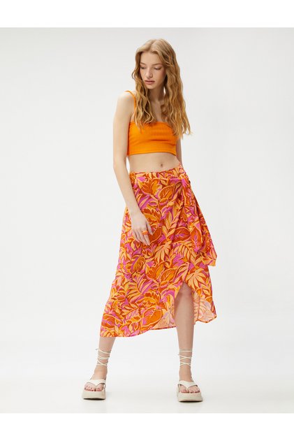 Floral Long Skirt with Front Tie Viscose Wrap Closure