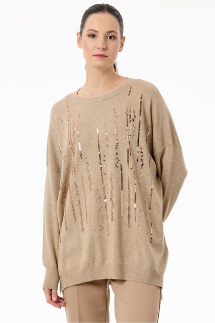Camel Stripe Sequined Knitwear Tunic