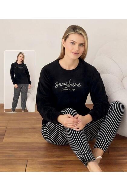 Kadın Kışlık Bisiklet Yaka Soft Kadife Pijama Takımı 07041 - 1 Adet