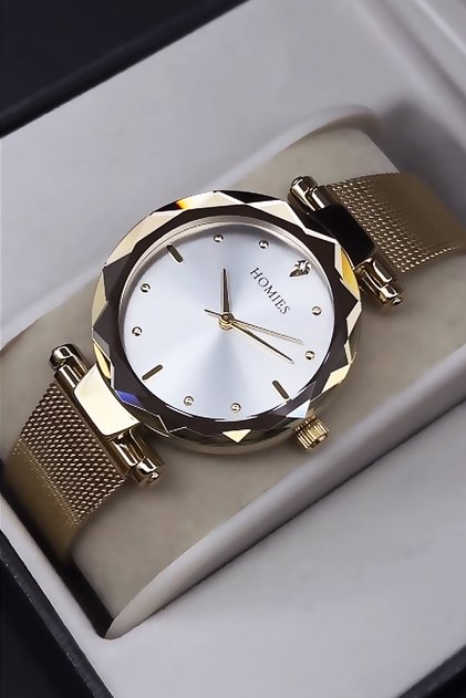 Women Wrist Watch Cutout Glass Waterproof Gold Color Steel Band Hmby2017C1