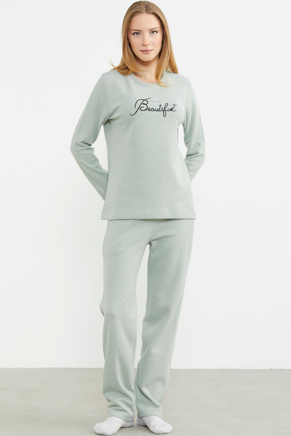 Fitilli Kalın Sıfır Yaka Pijama Takım - Yeşil