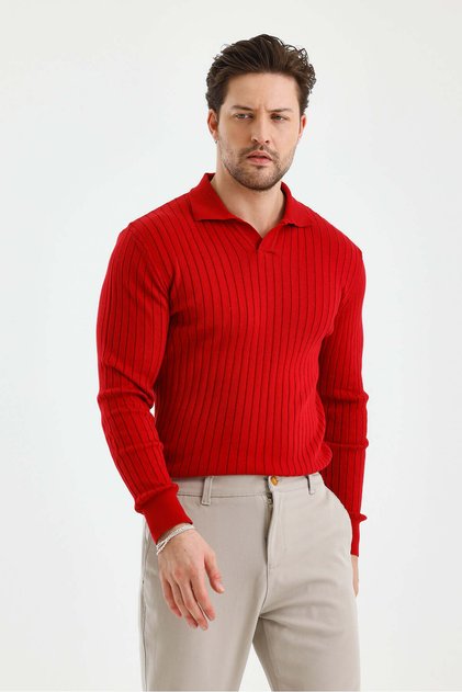 Red Men's Polo Neck Ribbed Knitwear Sweater