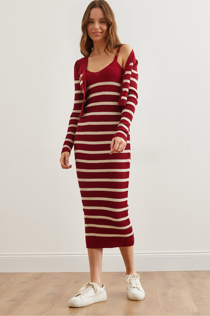 Women's Burgundy Top Cardigan Inner Dress Striped Knitwear Set Tkm-19000244