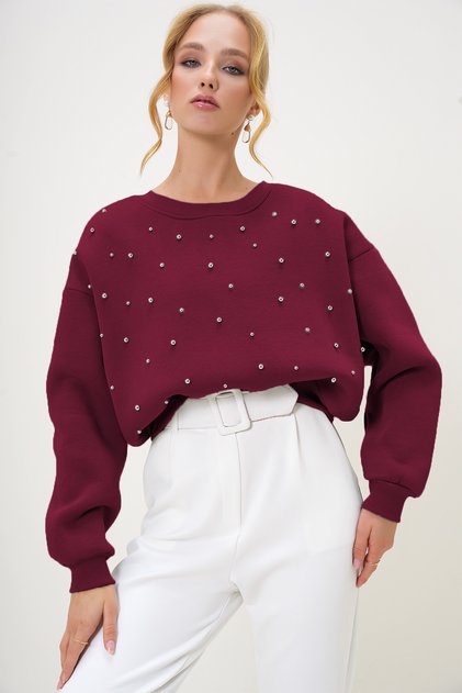 Women's Burgundy Crew Neck Sweatshirt with Pearl Buttons on the Front and Three Thread Ribbons Alc-X13177