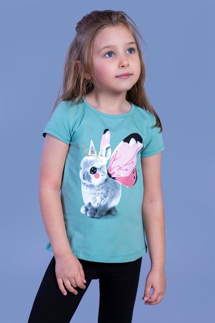Girl's Rabbit Printed Sequin Embroidered T-Shirt