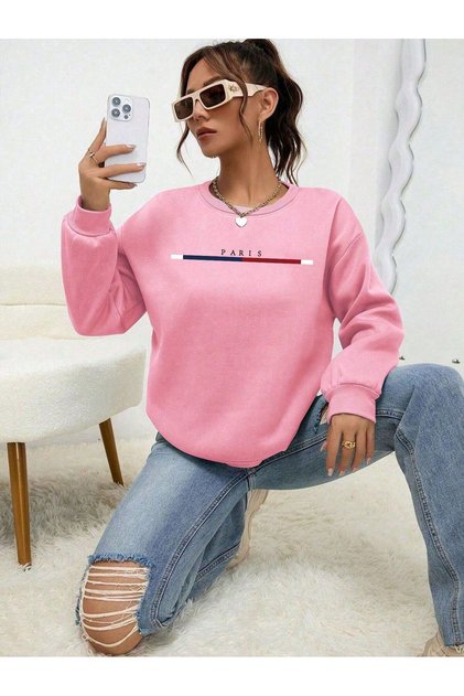 Pink Crew Neck Sweatshirt with Print Paris