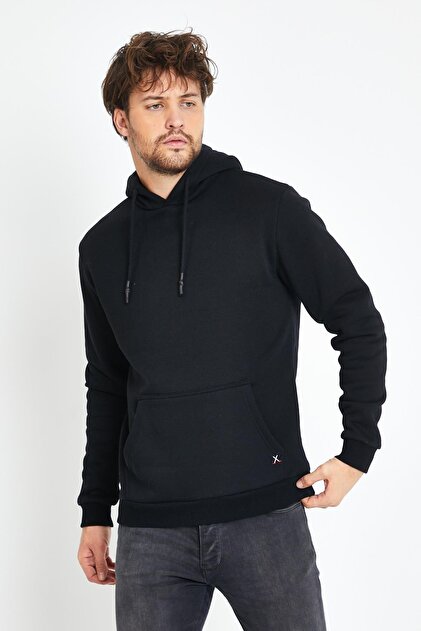 Men's Basic Kangaroo Pocket 3 Thread Hooded Black Sweatshirt