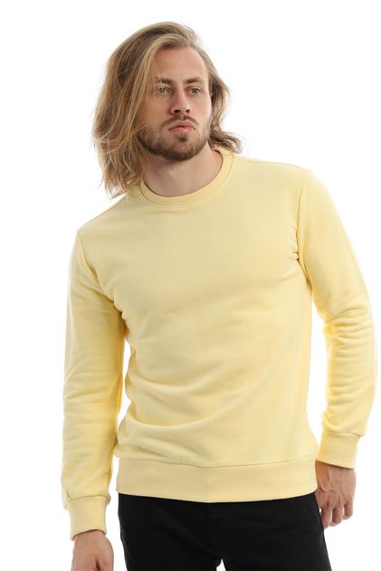 Men's 3 Thread Cotton Regular Fit Basic Crew Neck Yellow Sweatshirt