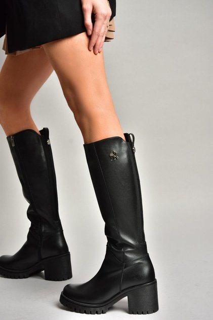 R 654034003 Black Real Leather Thick Heeled Women's Boots