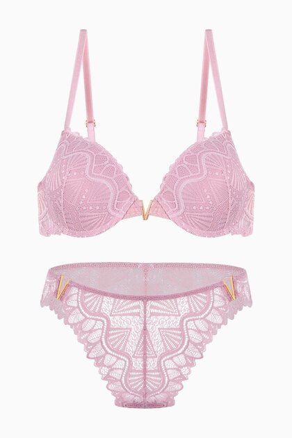 Anna Lace Bra Panty Set with Gold Accessories - Push up - 2568 - Powder