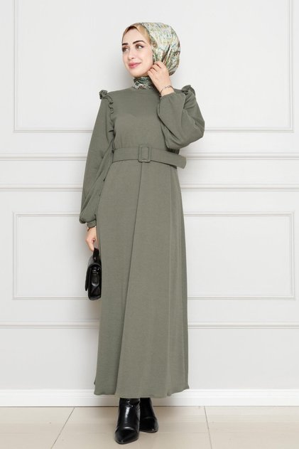 Ruffle-Shoulder Belted Dress-Khaki