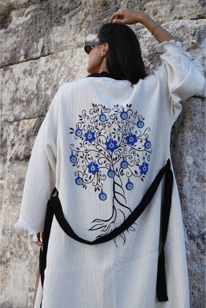 Muslin Kimono 100% Cotton Evil Eye Printed Patterned Bathrobe Kaftan Robe