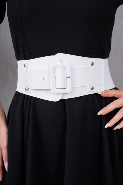 Women's Waist Corseted Flexible Elastic Detailed Large Buckle Wide Faux Leather White Belt 1743