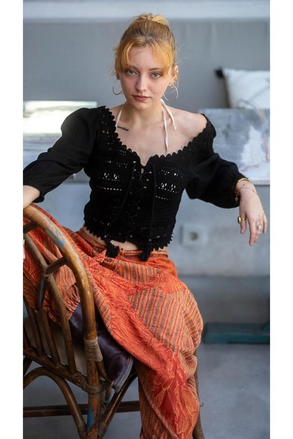 Design Black Crochet Lacing Detailed Sleeves Linen Laced Crop Blouse