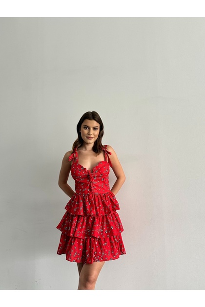 Flower Pattern Strap Tiered Mini Dress