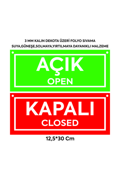 Açık Kapalı Çift Yön Kapı Tabelası, Mağaza Açık Kapalı Yazısı, Uyarısı 12.5x30cm - 5 ADET