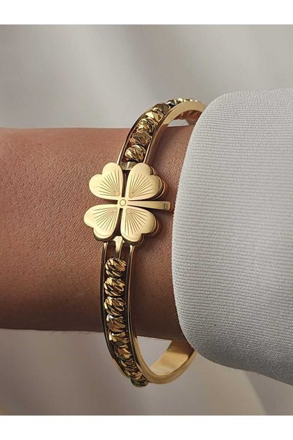 Yonca Bileklik Dorika Çelik Kelepçe Gold Renk Paslanmaz