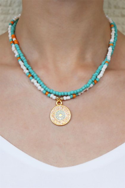 Zodiac Medallion Pendant Turquoise Double Necklace