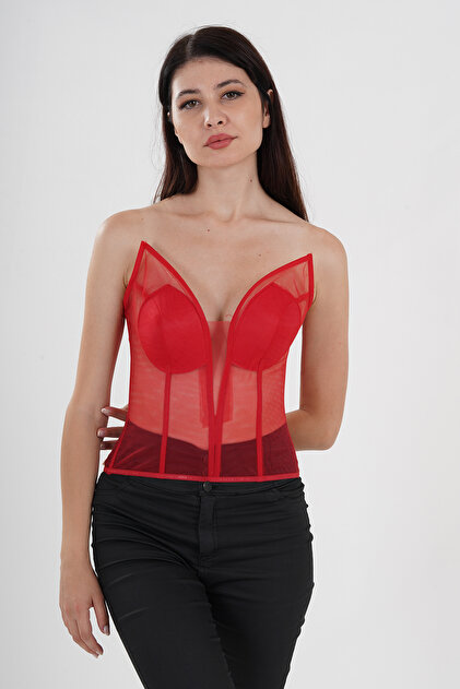 Metay Design Kırmızı Transparan Tül Korse Büstiyer Dik Kulak Model
