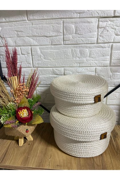 Cream Wicker Basket Set with Polyester Thread - Set of 2 Wicker Organizer -Cream Organizer