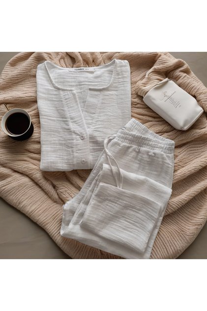 Düğmeli Pijama Takım - Organik Müslin Takım - Kadın Pijama - Gömlek Takım- Naturel Doğal
