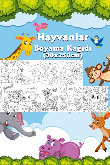 Orman Hayvanları Temalı Dev Boyama Kağıdı 2,5 Metre Rulo Boyama Kağıdı - Çocuk Eğitici Boyama