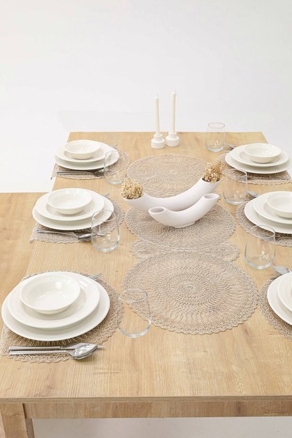 Cappuccino Cordone Embroidered Modern American Service Plate and Runner Set for 6
