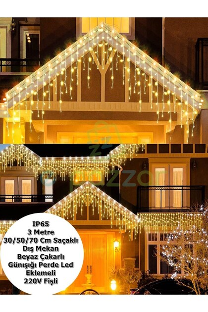 Ip65 3 Mt. 30/50/70 Cm Saçaklı Beyaz Çakarlı Günışığı Perde Dış Mekan Led Eklemeli 220v Fişli