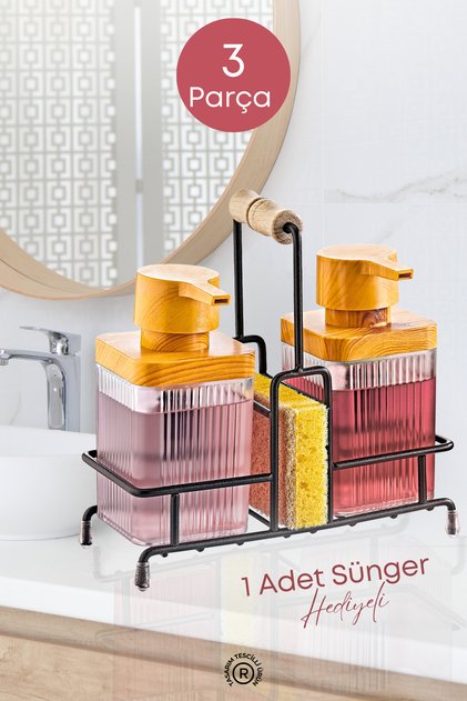 Clear Wood Detailed Bleach and Liquid Soap Dispenser with Metal Stand Bathroom Set-Sponge Gift