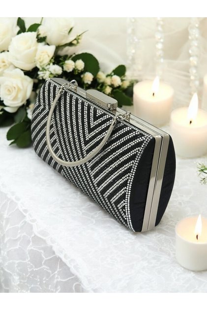 C-214 Dmc Black-Silver Labyrinth Stone Evening Bag