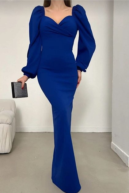 New Season Sweetheart Neckline Crepe Stretchy Fabric Slit Detail Maxi Evening Dress 582732