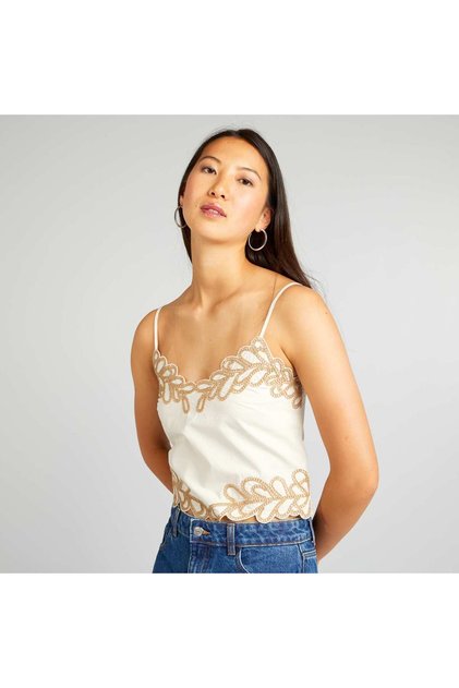 Spaghetti strap top with embroidery BEIGE
