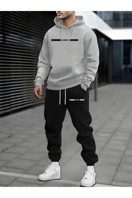 Kral Baskılı Erkek Çok Yönlü Kapüşonlu Sweatshirt ve Pantolon Takımı XXS-7XL