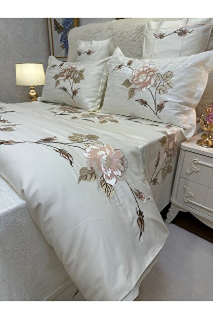 100% Cotton Satin Embroidered Bedspread Set - Double Size ./ 7 Pieces / Elegant Dowry Set.