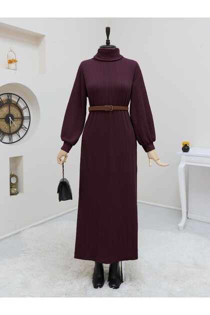 Turtleneck Belted Stretch Fabric Dress -Burgundy