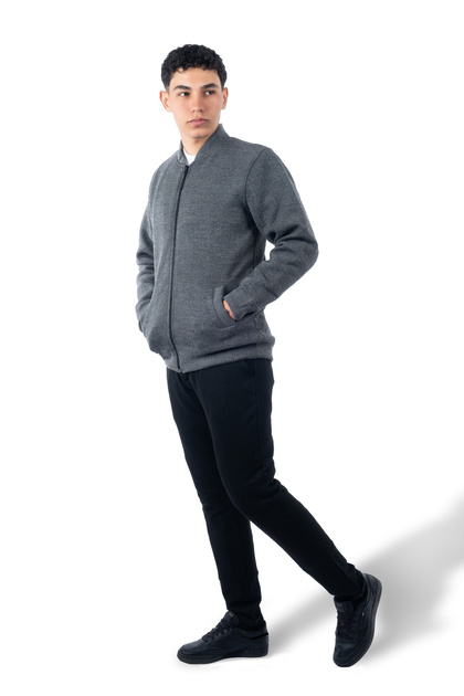 Zippered Knitwear Coat with Fleece Inside and Judge Collar