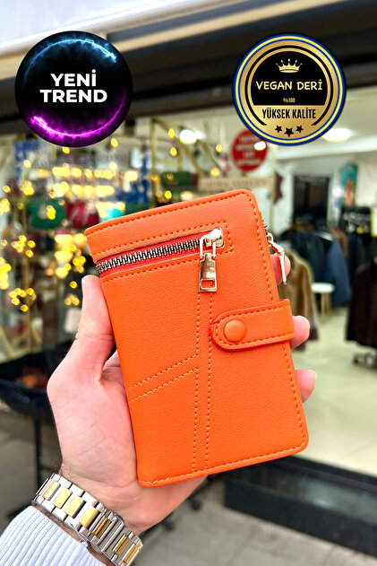 Orange Zipper Detailed Leather Women's Wallet (14X9Cm)
