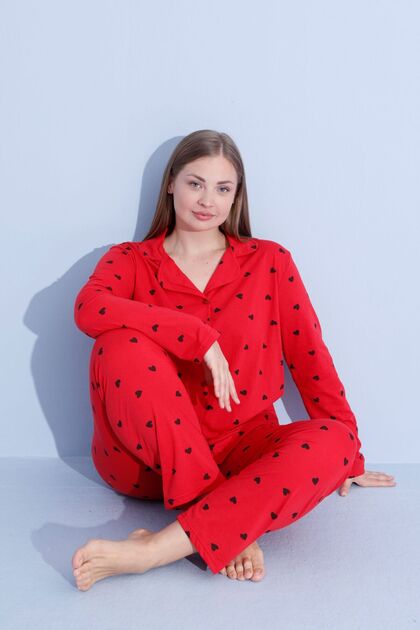 Büyük Beden Kadın Uzun Kollu Pamuklu Önden Düğmeli Biyeli Pijama Takımı